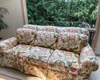Thomasville Pamploma floral upholstered three-seat sofa with down seat back cushions. Pattern 8672 Color 92. Measures 88" W x 38" H x 40" D. Photo 1 of 2. 