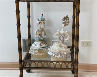 Replica French Maison Baguès-style faux bamboo side table with two mirrored shelves, pine cone finials and claw feet. Photo 2 of 2. 