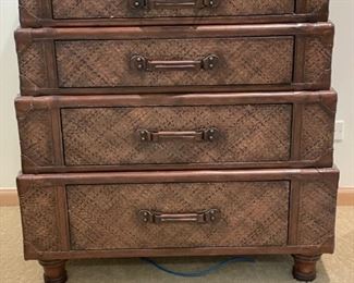 Maitland Smith four-drawer suitcase chest of drawers. Measures 34" W x 18.5"D x 38" H. 