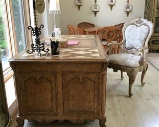 Plunkett Furniture cabinet desk with secret compartment requiring key access. Measures 72" W x 38" D. 