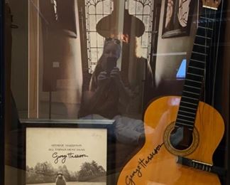 George Harrison autographed guitar and album shadow box. 