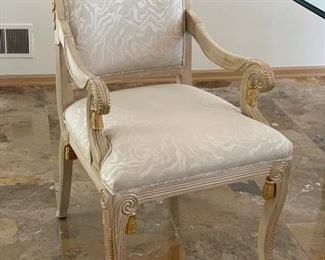 Set of 8 Versace-style silver gilt dining room chairs with gold carved wood detailing and faux bois upholstery. Photo 1 of 2.