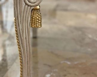 Set of 8 Versace-style silver gilt dining room chairs with gold carved wood detailing and faux bois upholstery. Photo 2 of 2.