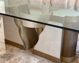 Master carpenter Gurami glass top live-edge pedestal dining room table. Measures 48" W x 95" L. Photo 2 of 2.