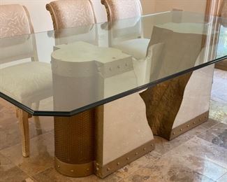 Master carpenter Gurami glass top live-edge pedestal dining room table. Measures 48" W x 95" L. Photo 1 of 2.