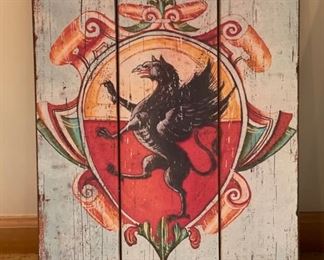 Decorative crest on wood panel - 2 available. Each measure approximately 14" W x 24" H. Photo 2 of 2. 