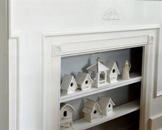white, painted mantle, bird houses
