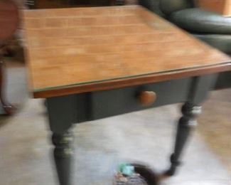 Wood end table with dark green legs (glass top)