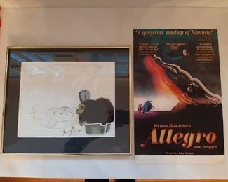 Movie Cel from the movie "Allegro Non Troppo" (Italian movie) signed by Bruno Bozzetto and movie poster to go along with it.