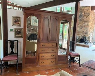 ENNGLISH ANTIQUE  MIRRORED FRONT WARDROBE - BREAKS DOWN INTO 5 PIECES FOR EASY MOVING