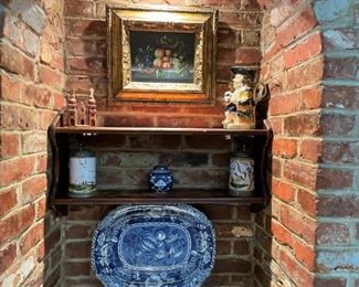 OIL PAINTING AND BLUE WILLOW PLATTER