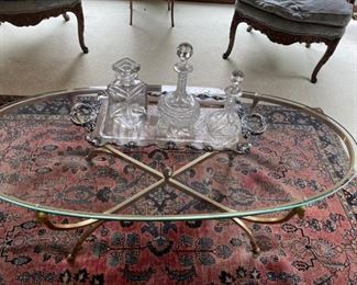 OVAL GLASS TOP, BRASS BASE COFFEE TABLE
