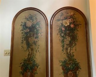 2 OIL PAINTED PANELS CHERUB,/ FLORAL