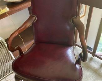 BORDEAUX LEATHER CHAIR WITH QUEEN ANNE LEGS, NAIL HEAD DETAILS AND GOOSE NECK ARMS