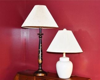 Painted Decorated Stick Lamp and White Table Lamp With Shade