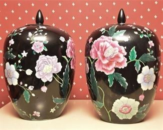 Pair Of Asian Floral Patterned Jars With Lid
