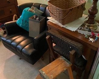 MCM black swivel chair, sewing machine and picnic basket