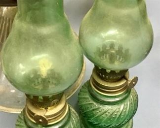 GREEN GLASS HURRICANE LAMPS