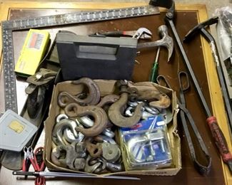 MISC ITEMS, HAMMERS, COAL TONGS, NAIL PULLER, TOW HOOKS, PLANE and MORE
