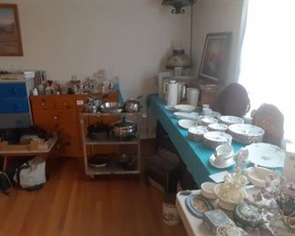 China, pots and pans, dressers, lamp