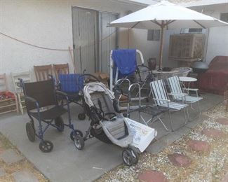 Wheel chairs, lift, stroller, side chairs patio table and chairs sold.