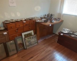 Buffet, dresser, cedar chest and lots of silver