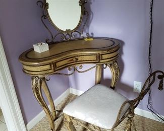 Metal dressing table with mirror and chair
