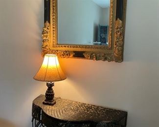 Art Deco Metal filigree side table  small lamp and beautiful filigree mirror