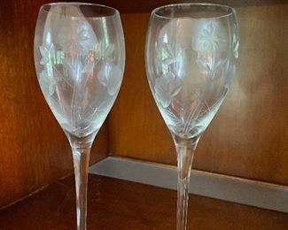 2 floral etched wine glasses,  $8