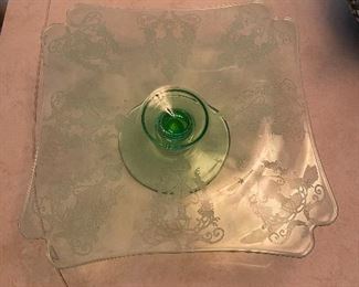 Green depression glass cake stand, 11.5" x 11.5",  $25