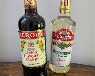 Leroux Apricot Brandy,  $10.  Dubouchette peppermint schnapps,  $15