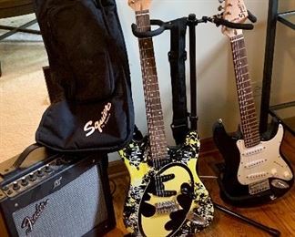 Fender Squire mini Electric guitar $125
Fender Amp (t.b.d.)
DC Batman Design Electric Guitar $149
Dual Guitar Stand $15
Standard guitar method 1 music book $3