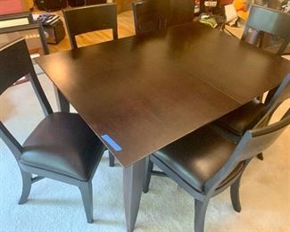 Crate & Barrel Dining Table 
60.5 x 42 x 29h; 2 leaves 17.5 ea
w/ 6 cushion seat chairs $425