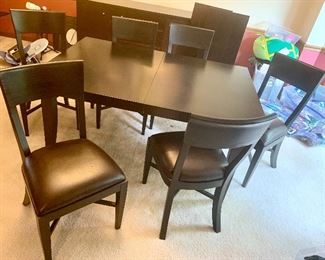 Crate & Barrel Dining Table 
60.5 x 42 x 29h; 2 leaves 17.5 ea
w/ 6 cushion seat chairs $425
Matching Buffet 63w x 20d x 35h $200