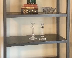 (2) Room & Board Metal shelf units 
39”w x 16d x 84”h $169ea
*Val St Lambert 7.5h x 4.25w candlesticks $39
