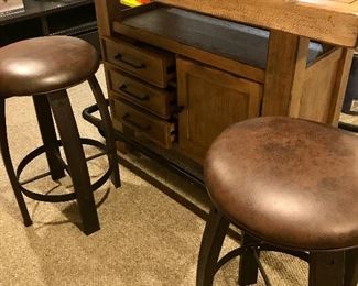 Backside of bar 60w x 38d Wood bar with foot rails. Open shelf between bar top & base $350
Stools $39 ea
