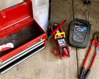 Red craftsman tool box $35
Autocraft 2 ton Steel Jack $20
Sears battery Charger $15
Metal bolt cutters $15
Handled 100 feet walking tape measure $10 sold