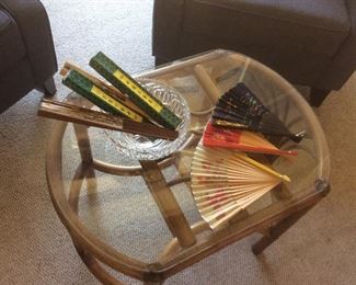 Rattan side table, Japanese fans