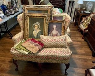 Framed paintings, Victorian chair