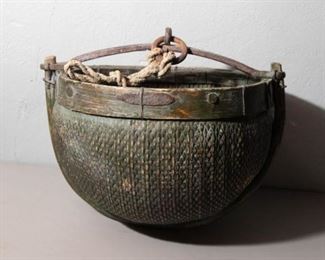 Antique Asian Bamboo Water Basket with Wrought Iron Handle