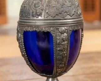 Vintage Cobalt Blue Glass Pewter Urn Chalice