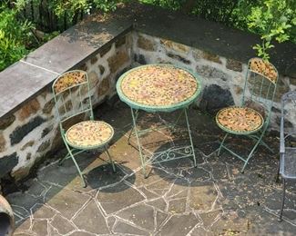 Mosaic tile table and chairs - table is 28" high and 28" in diameter; chairs are 35" high and 16" in diameter