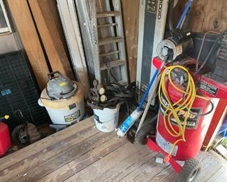 3-4 pancake air compressors , horizontal and vertical compressors , ladders --- tools everywhere