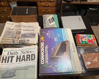 Vintage Hurricane newspapers, vintage Commodore 64
