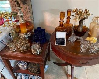 Nice martini glass set, amber decanters, cobalt blue drinking glasses and more