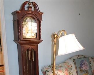 GRANDMOTHER CLOCK, BRASS FLOOR LAMP