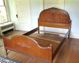 Carved pecan? Full size bed with rails and slats, great detail
