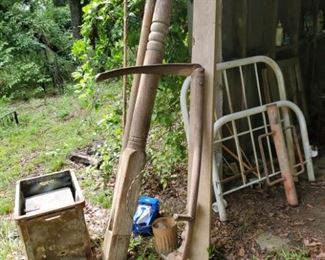 Barn finds! Scythe, fence newel post, turned wood column, twin iron bed, fence post driver, FAP 798 metal sign with post