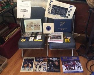 ST LOUIS BLUES COLLECTIBLES AND ORGINAL SEATS FROM THE ARENA.