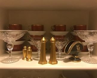 1960s Ginori Contessa cups & saucers, gilt ware, crystal 